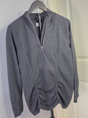 Athleta Fastest Track Half Zip Pullover Ruched Gray Thumbholes Size Large